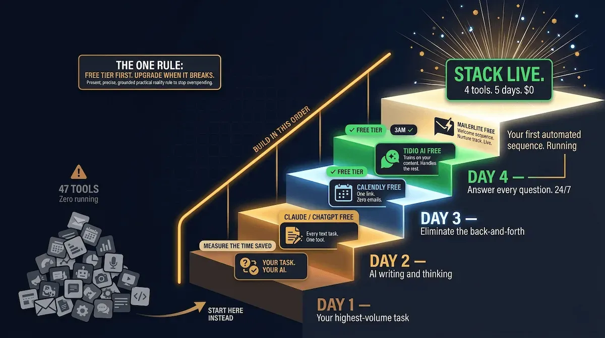 Graphic of a five-step ascending AI stack build sequence with a chaotic collapsed tool heap at the bottom left and a peak energy burst at step five on deep navy