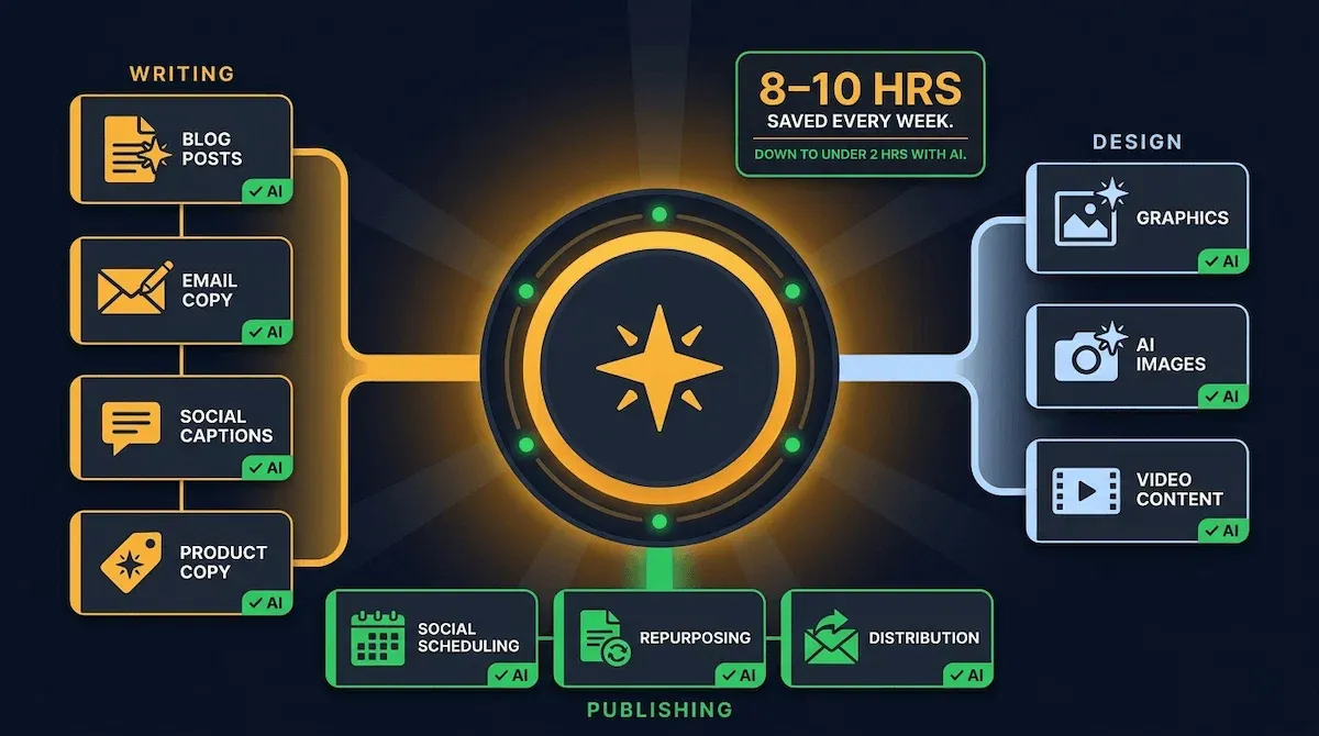 Graphic of an AI content engine firing three output streams covering writing design and publishing simultaneously with vivid green running badges on every card on deep navy