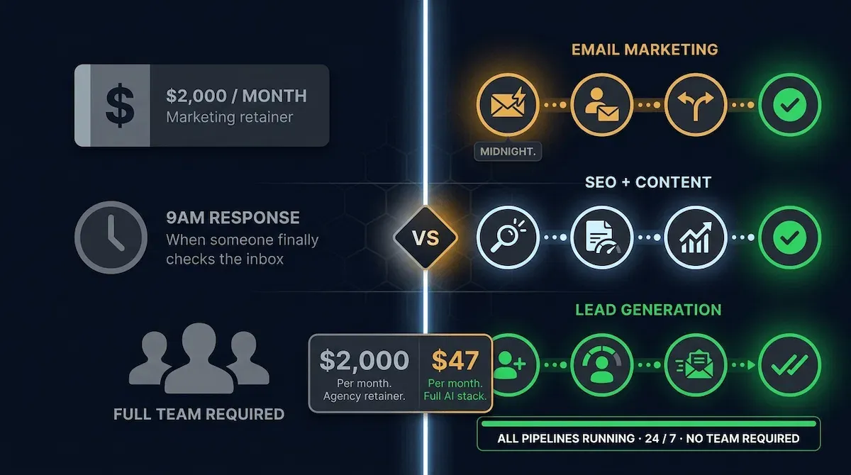 Graphic split composition showing a muted old marketing model on the left versus three live AI pipelines covering email SEO and lead generation on the right on deep navy