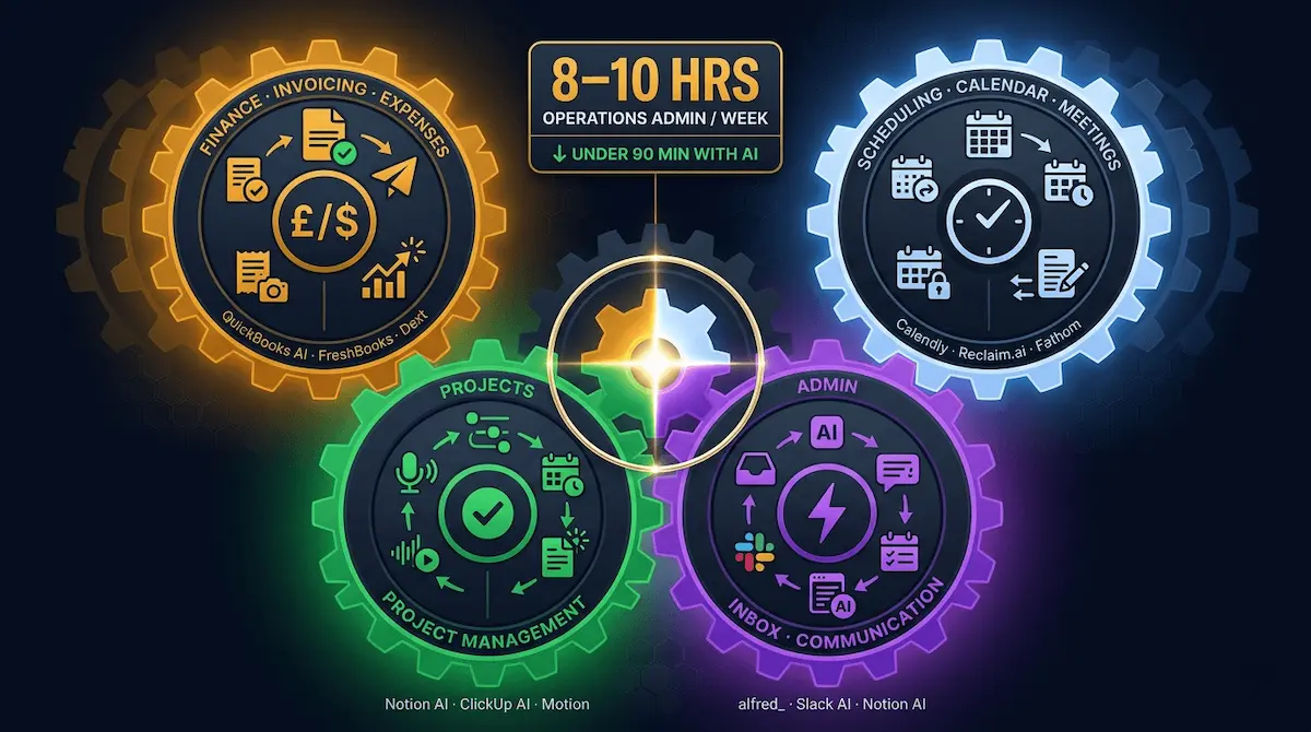 Graphic of four interlocking AI operations gear wheels covering finance scheduling project management and admin with a brilliant white-gold central mesh point on deep navy