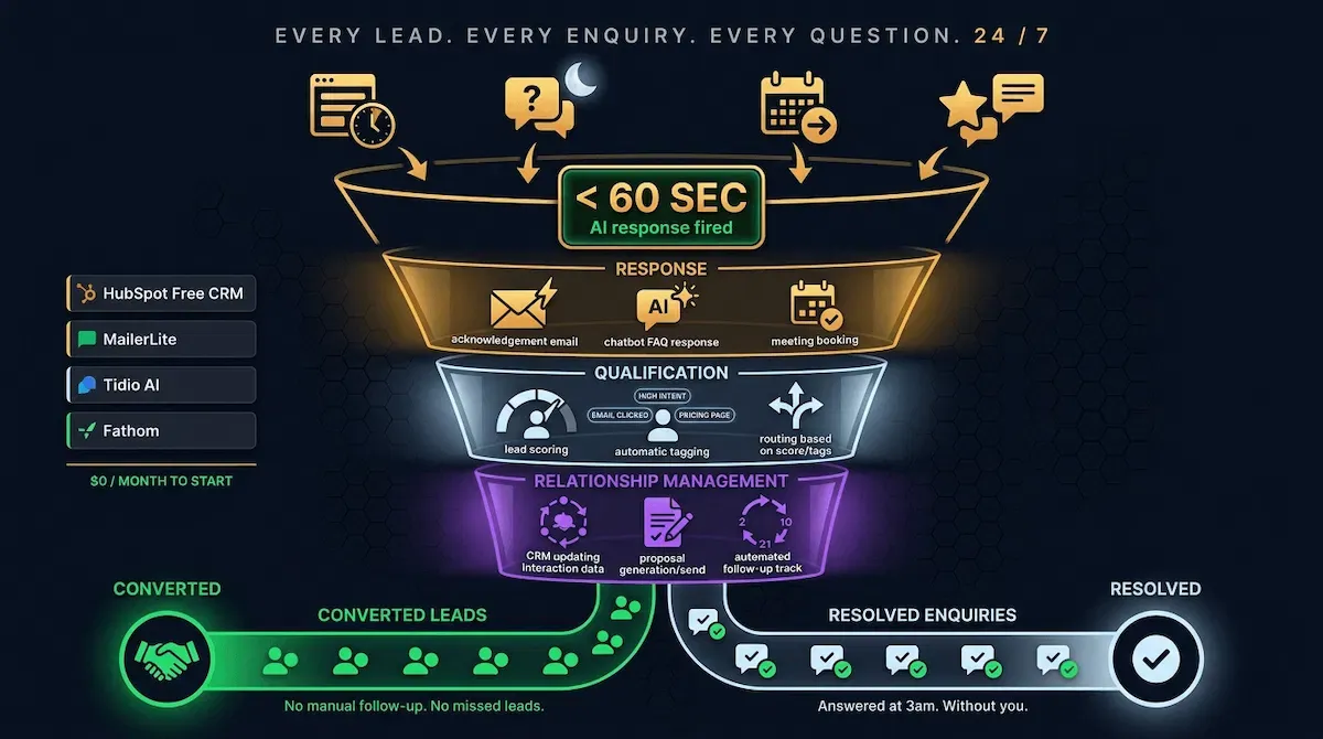Graphic of an AI sales funnel catching every lead within sixty seconds through three processing chambers and routing converted customers and resolved enquiries at the bottom