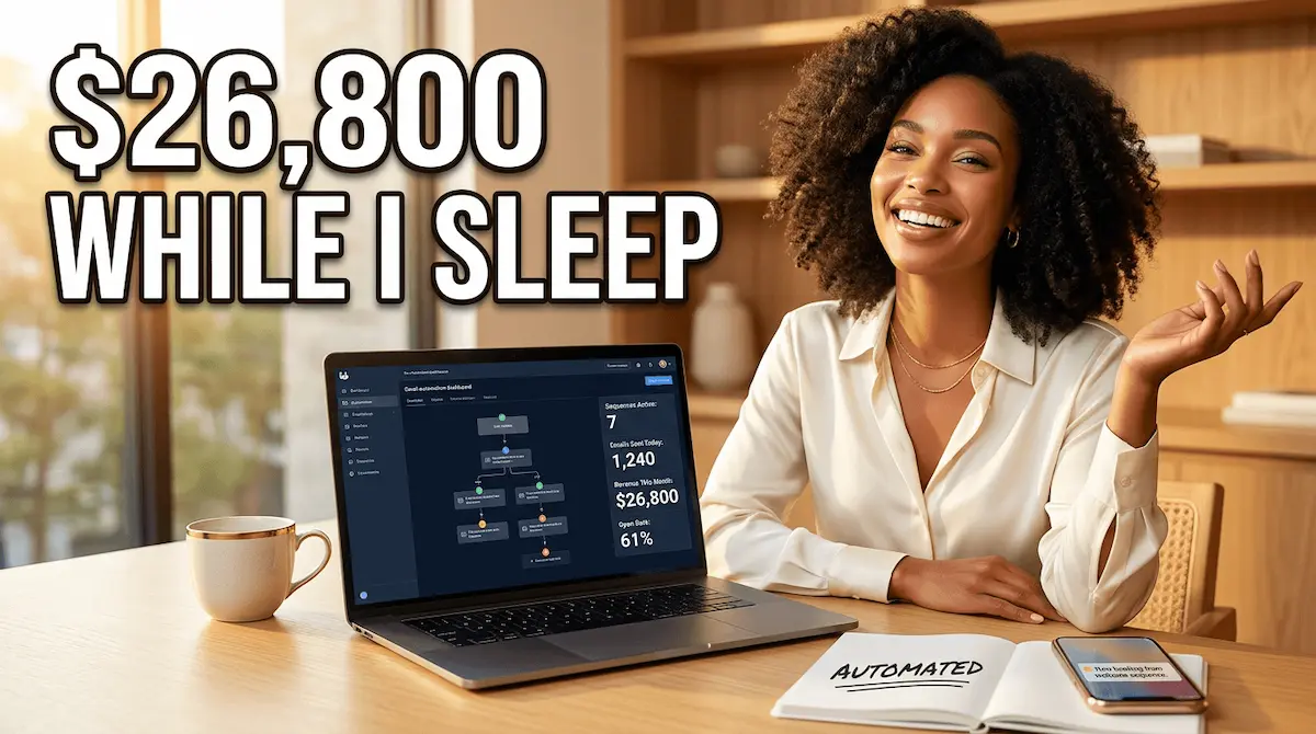 Stunning Black American woman entrepreneur celebrating email marketing automation results at her desk, laptop screen showing live sequences running and revenue dashboard glowing