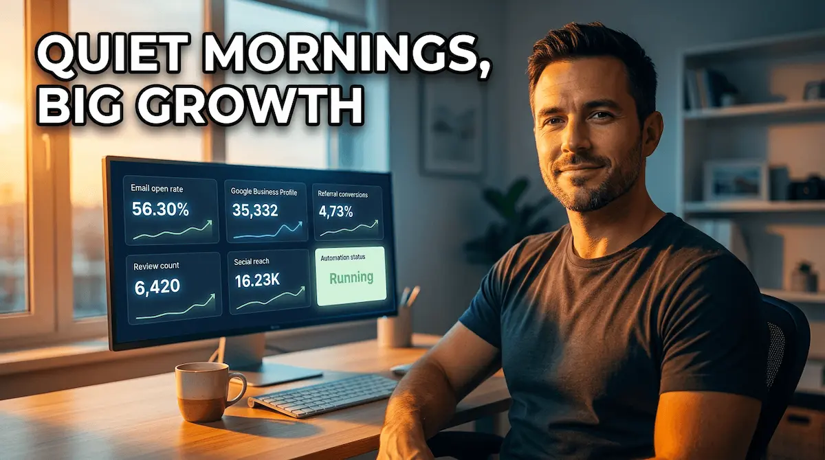 Entrepreneur at a minimal desk, six-channel automated marketing dashboard on monitor with all systems running — the best marketing methods for small business in 2026 on autopilot.