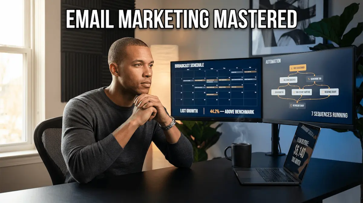 Handsome Black American entrepreneur reviewing his email marketing automation integration system on dual screens, live workflow sequences and revenue metrics glowing on dark dashboards
