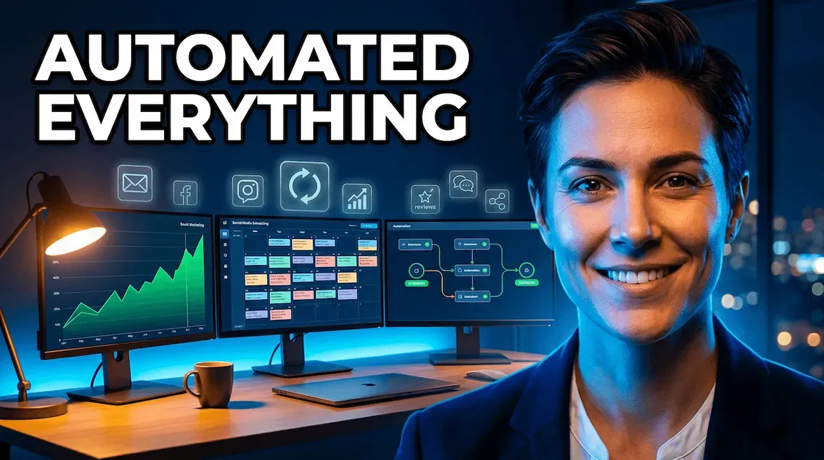 Entrepreneur at a minimal desk at night, monitor glowing  with green marketing metrics and city bokeh behind —  the 12 best marketing solutions for small businesses in 2026.