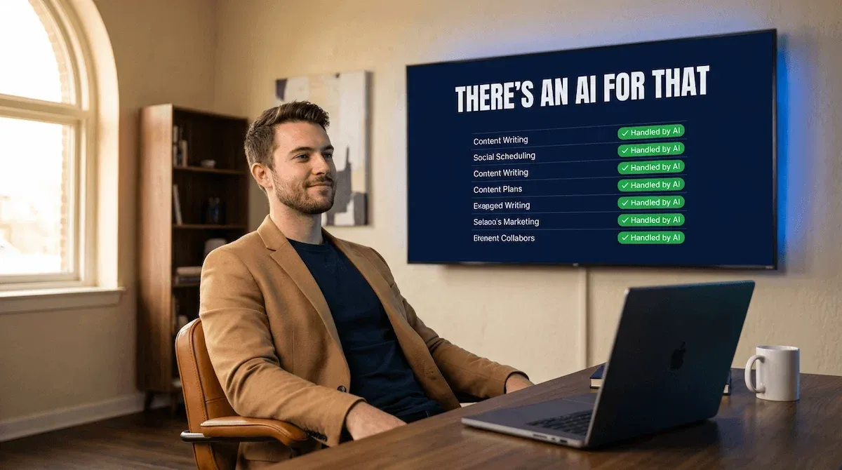 Handsome white American entrepreneur at 25 leaning back at a premium walnut desk with a large laptop and a bold glowing wall screen showing THERES AN AI FOR THAT behind him