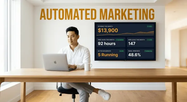 Handsome Asian man at 25 alone in a bright modern office reviewing his laptop while a large wall-mounted screen behind him displays bold automated marketing revenue metrics