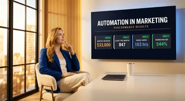 Breathtakingly handsome white American entrepreneur at 25 smiling at his automation in marketing dashboard on a large wall screen in a stunning bright modern office