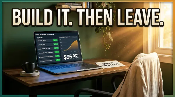 Empty desk with running email dashboard showing six active automated sequences and a $36 ROI graph — email marketing for business in 2026 running on autopilot.