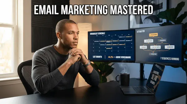 Handsome Black American entrepreneur reviewing his email marketing automation integration system on dual screens, live workflow sequences and revenue metrics glowing on dark dashboards